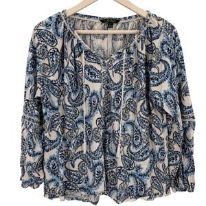 Lauren Ralph Lauren‎ Women's Blue Paisley Print Long Sleeve Peasant Blouse XL